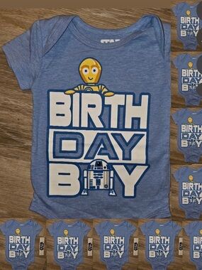 Ten New with tags Star Wars Light Blue onesie shirts bag birthday boy 18 months